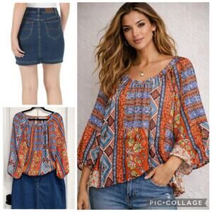 MSRP $183 ✨ Figaro & Flower Bohemian  Blouse + Lee Denim Skirt  2 Piece Bundle ✨